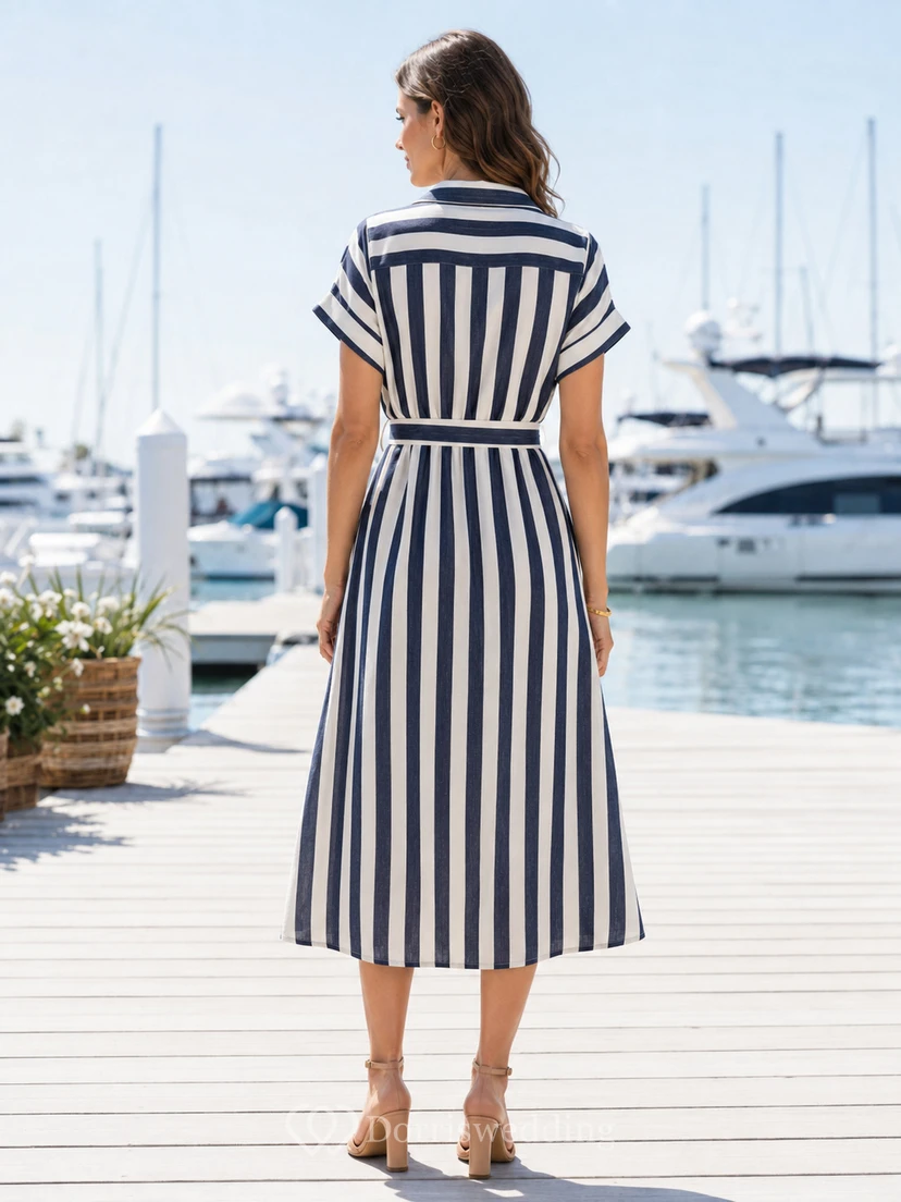 Navy Coastal Stripe Shirt Collar Button Front Midi Dress view 2
