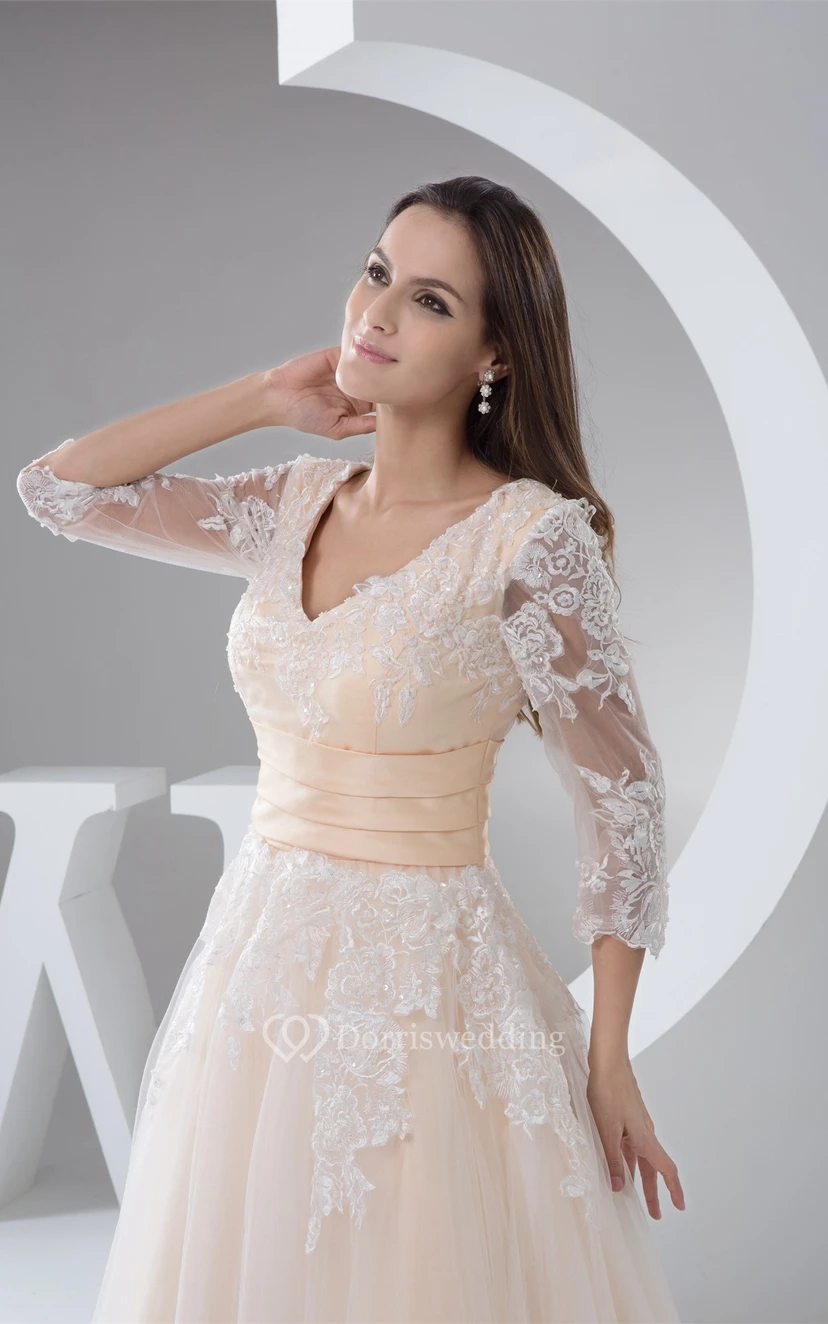 Deep-V-Neck Half-Sleeve Ankle-Length Lace Dress With Pleats view 2