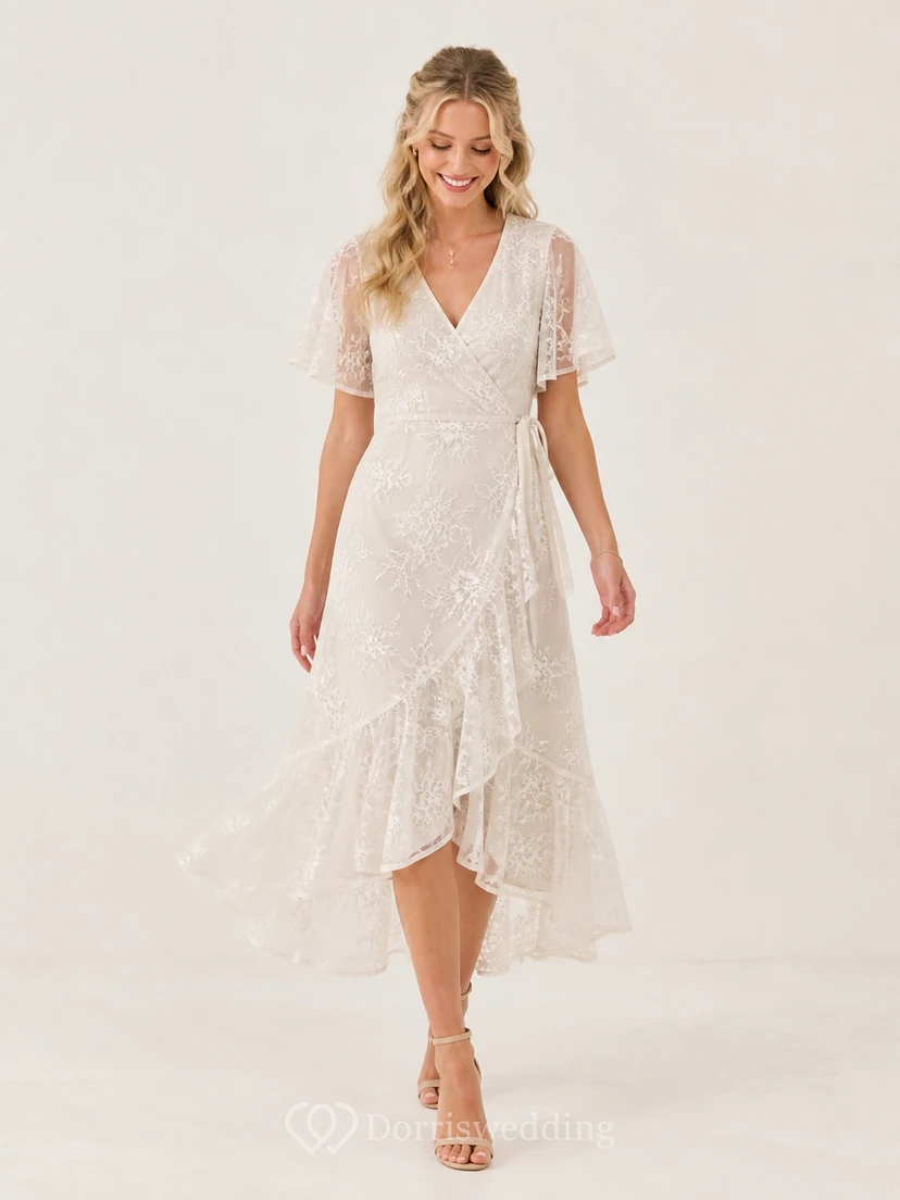 Vestido de novia bohemio de manga corta con escote en V asimétrico y volantes de encaje