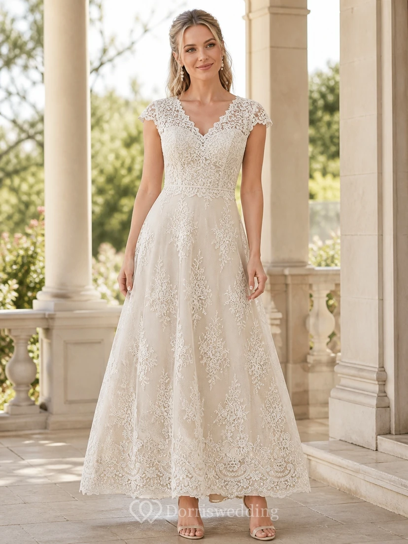 Knöchellanges, schlichtes A-Linien-Brautkleid mit V-Ausschnitt, Spitzenärmeln und kurzen Ärmeln