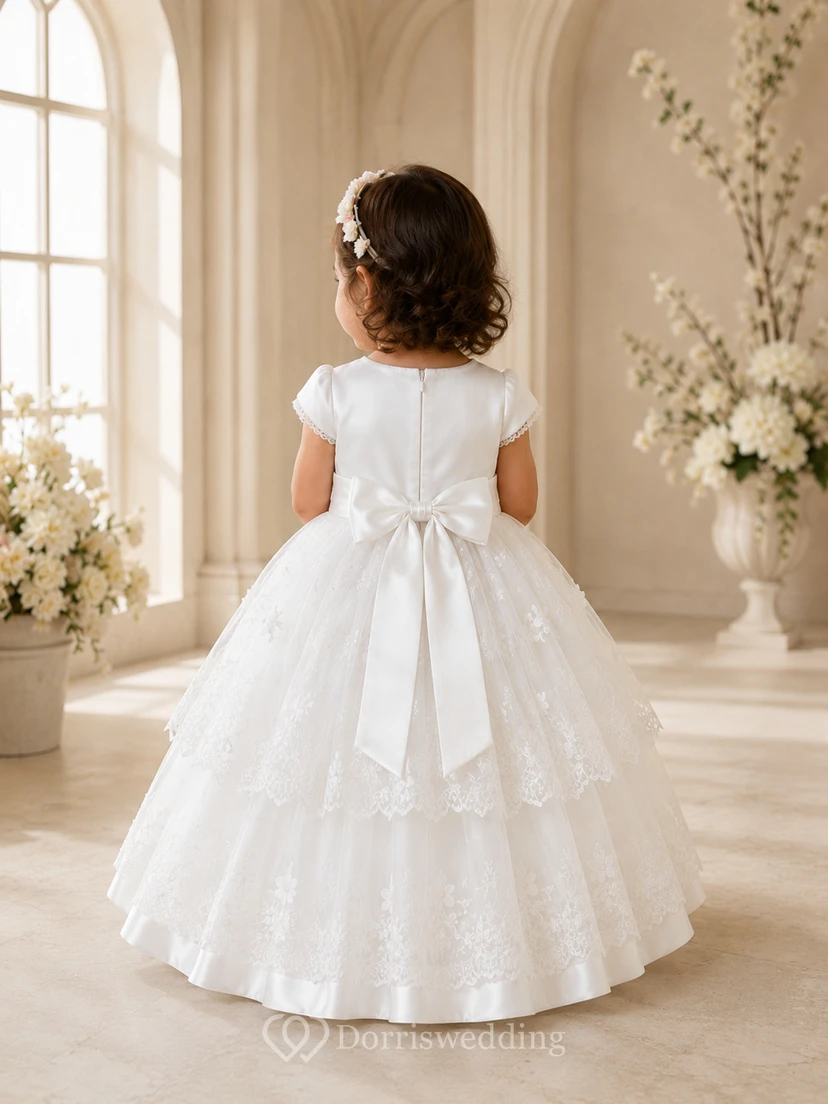 Taufkleid für Babys, A-Linie, Teelänge, Rundhalsausschnitt, ärmellos, Satin, Tüll, florale Details, Schleife am Rücken, Knopfleiste am Rücken view 2