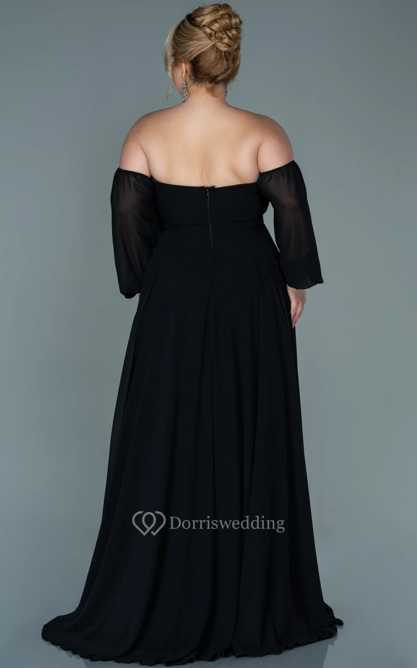 Off-the-shoulder Sweetheart Empire Plus Size Chiffon Front Split Evening Dress view 12