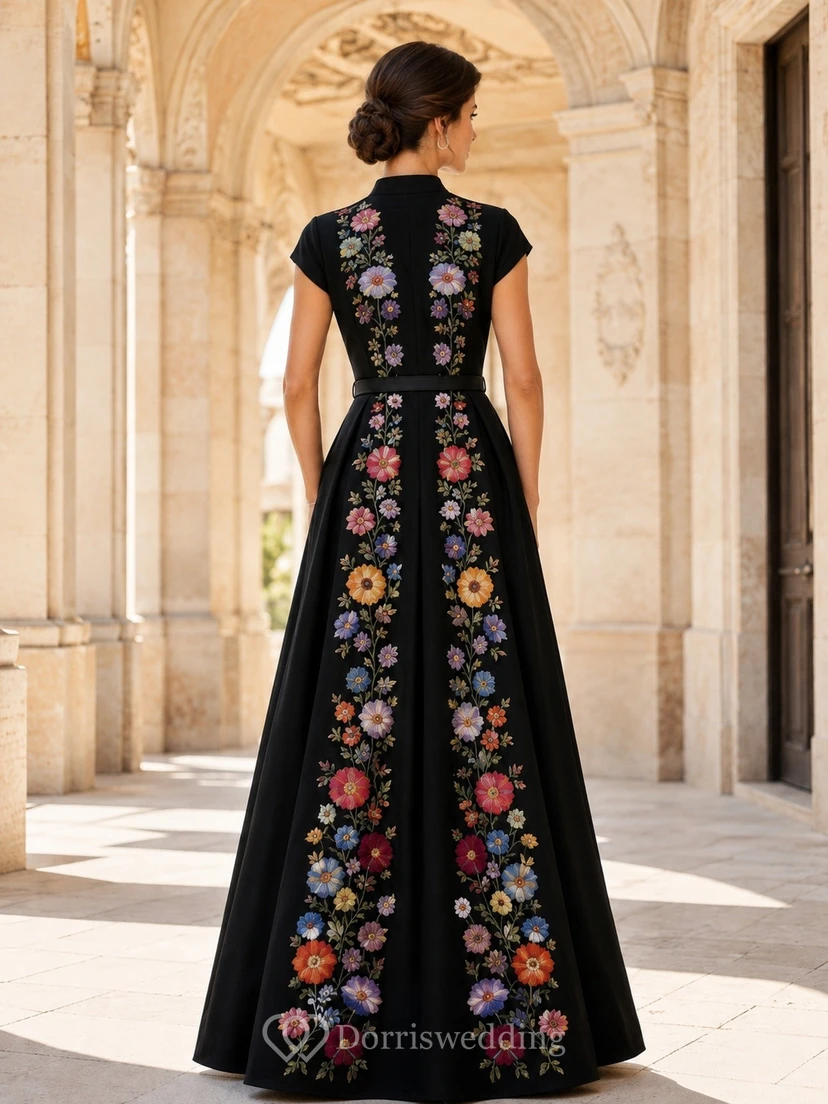 Black Floral Chiffon Jewel Neck Short Sleeve A-Line Formal Gown view 2
