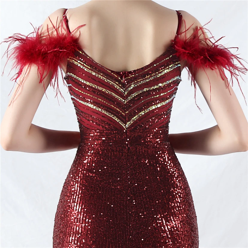 Elegantes Abendkleid mit Straußenfedern und Perlen, sexy, lang, mit Trägern und Schlitz view 46