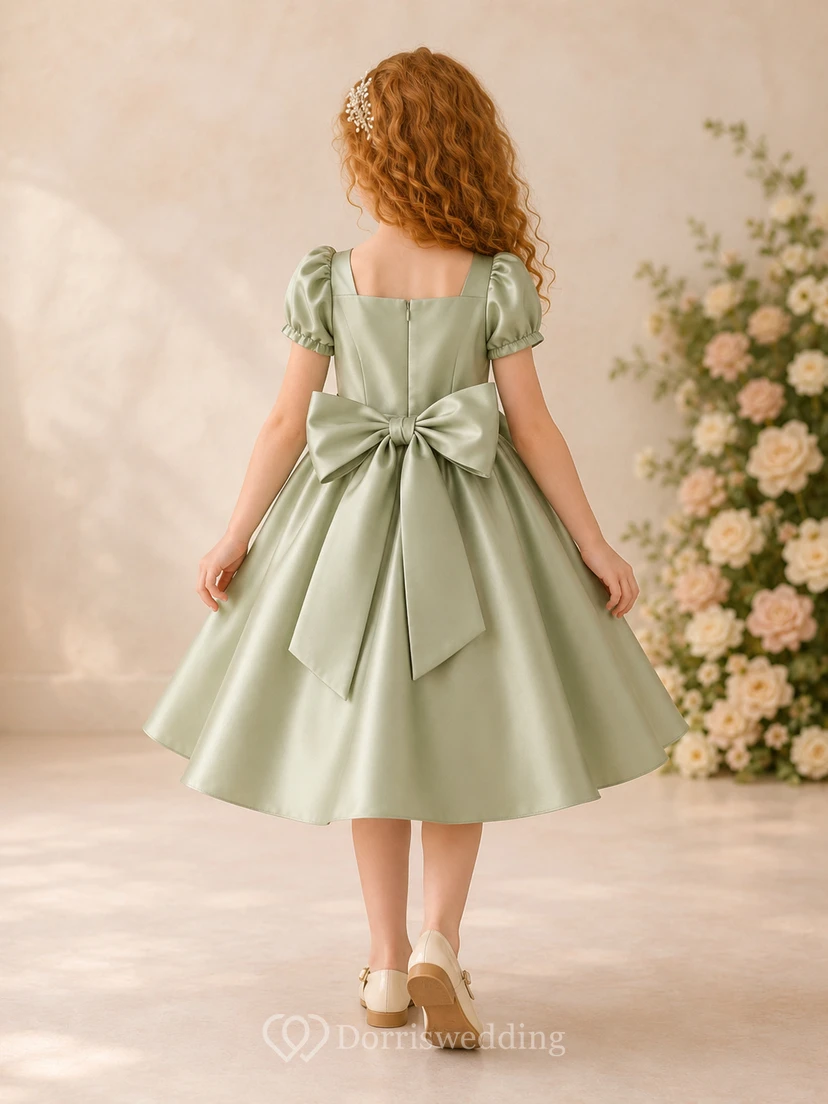 Robe moderne mi-longue trapèze pour demoiselle d'honneur, en satin sauge, manches bouffantes, nœud au dos et col carré, style champêtre. view 2