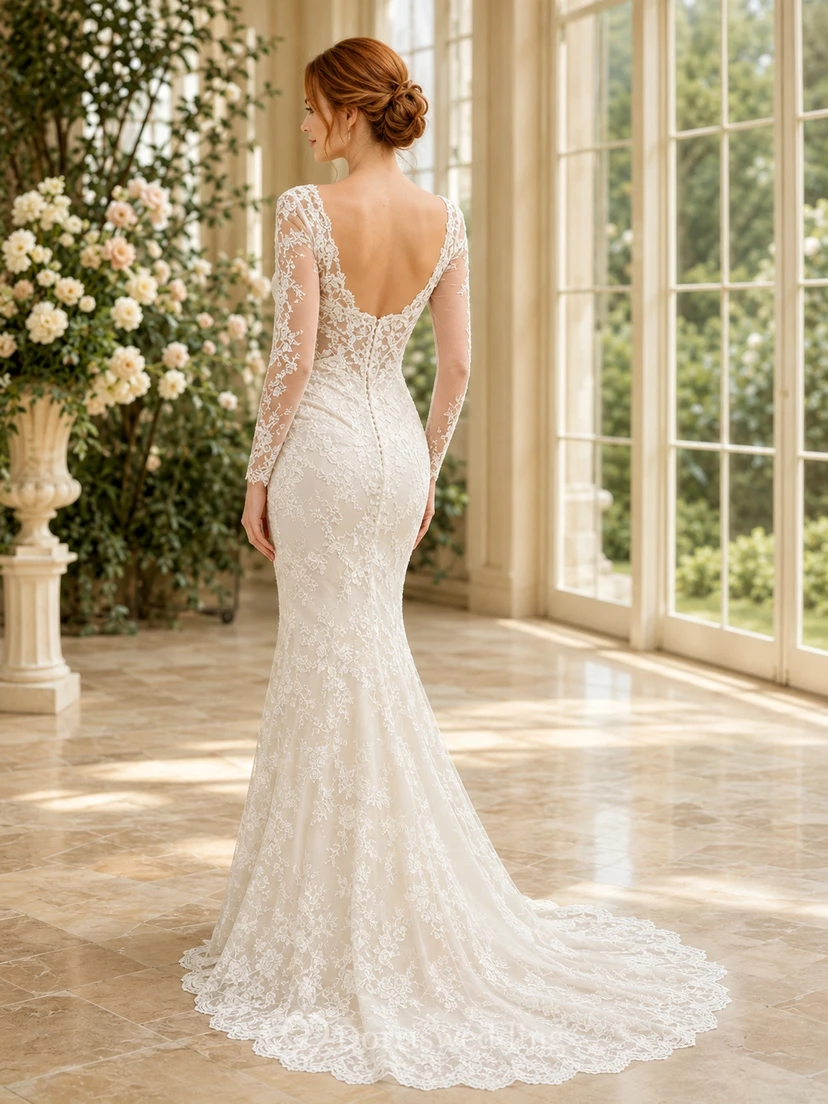Lace Wedding Dress Mermaid V-Neck Long Sleeve Chapel Train Bridal Gown view 2