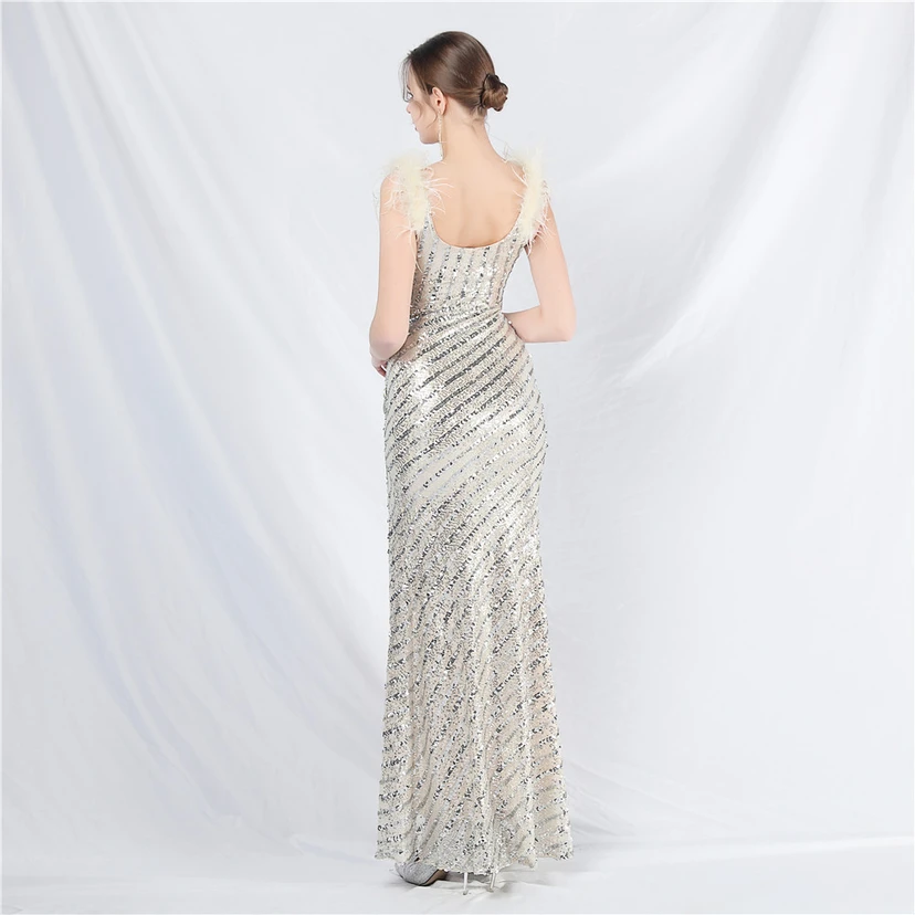 Evening Dress Craft Beaded Ostrich Feather Sequined Side Slit Evening Dress view 24