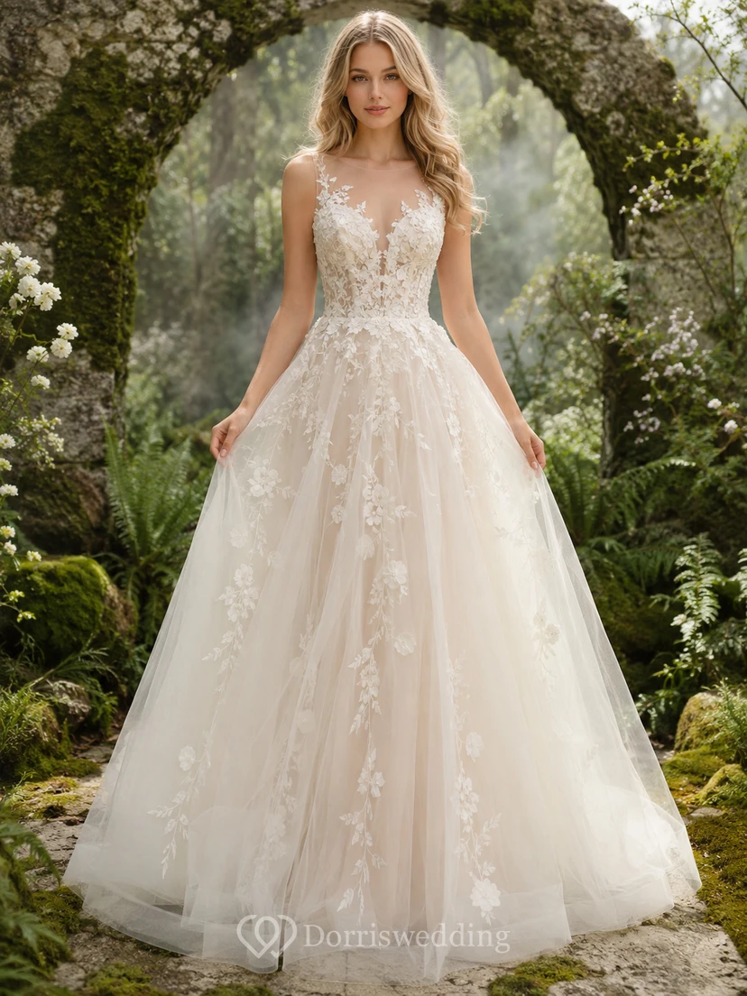 Brautkleid mit V-Ausschnitt, floralen Applikationen und Moosgarten-Motiv
