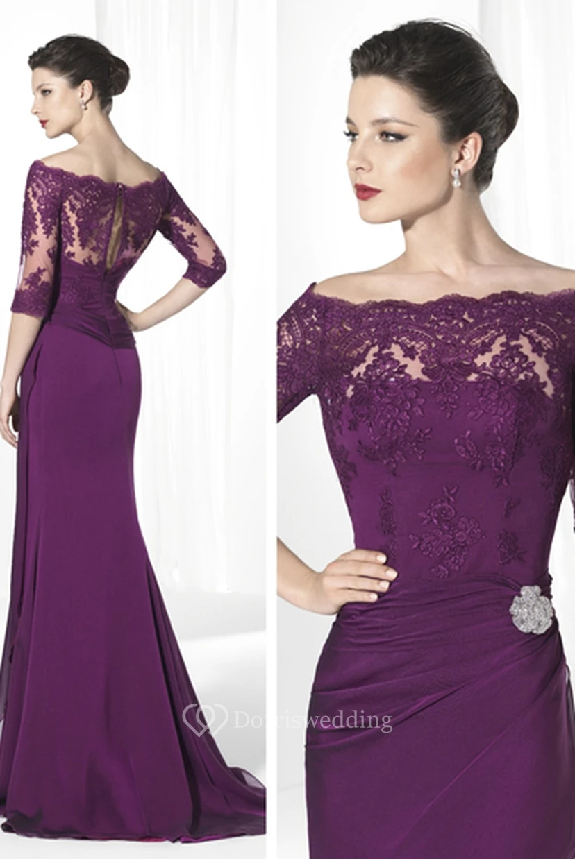 Sheath Floor-Length Broach 3-4-Sleeve Off-The-Shoulder Chiffon Prom Dress With Appliques view 2