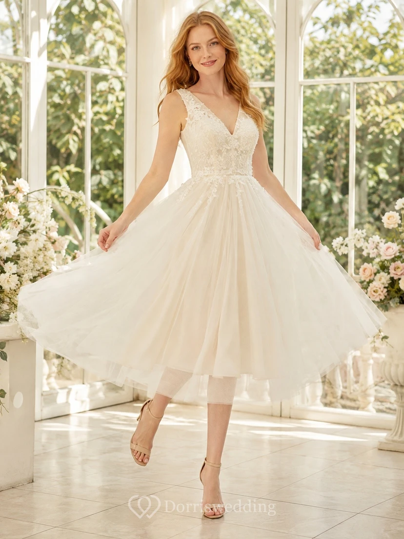 Ivory V-Neck Sleeveless Tulle Tea-Length Flowing A-Line Dress