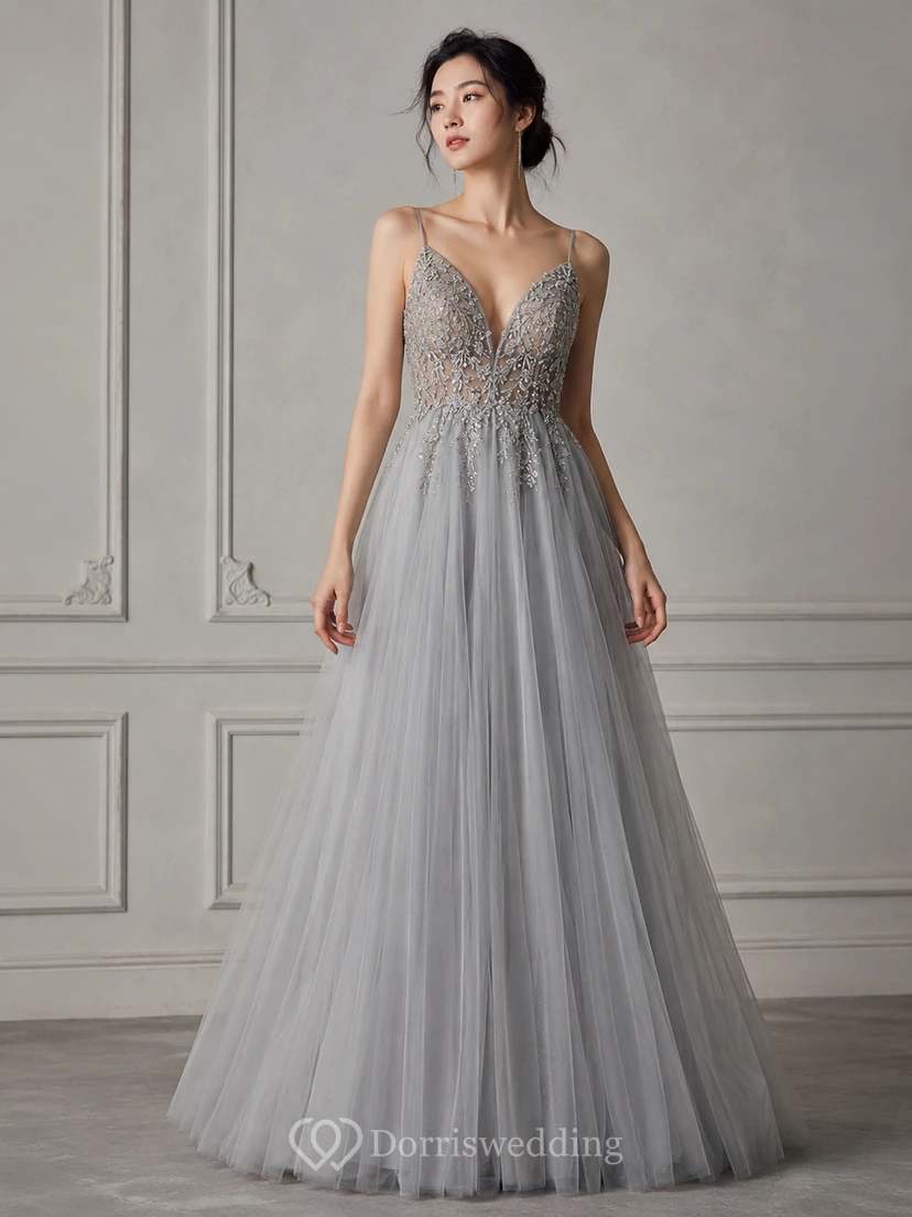 Casual Spaghetti Empire Tulle Pleated Prom Dress with Beaded Top view 6