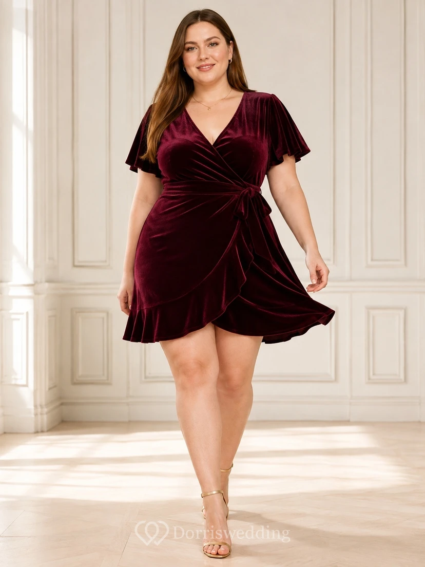 Robe de cocktail grande taille en velours bordeaux froncé, coupe fourreau portefeuille, manches courtes, idéale pour les fêtes de fin d'année.