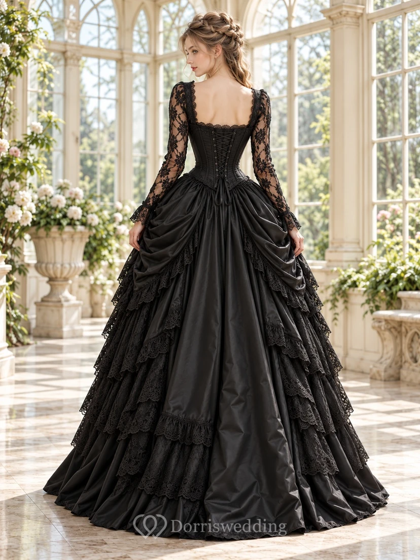 Gothic Victorian Black Square Neck Lace Sleeve Draped Formal Dress view 2