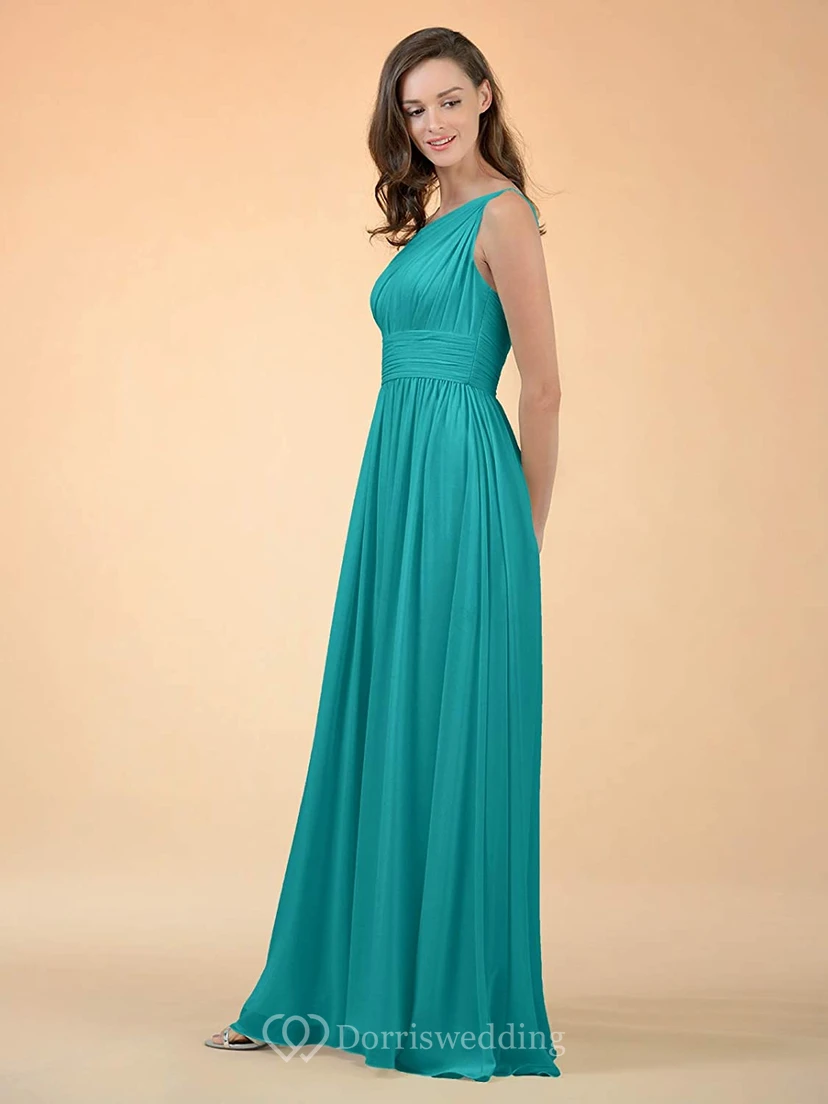 Simple One-shoulder A Line Sleeveless Floor-length Chiffon Bridesmaid Dress With Ruching view 7