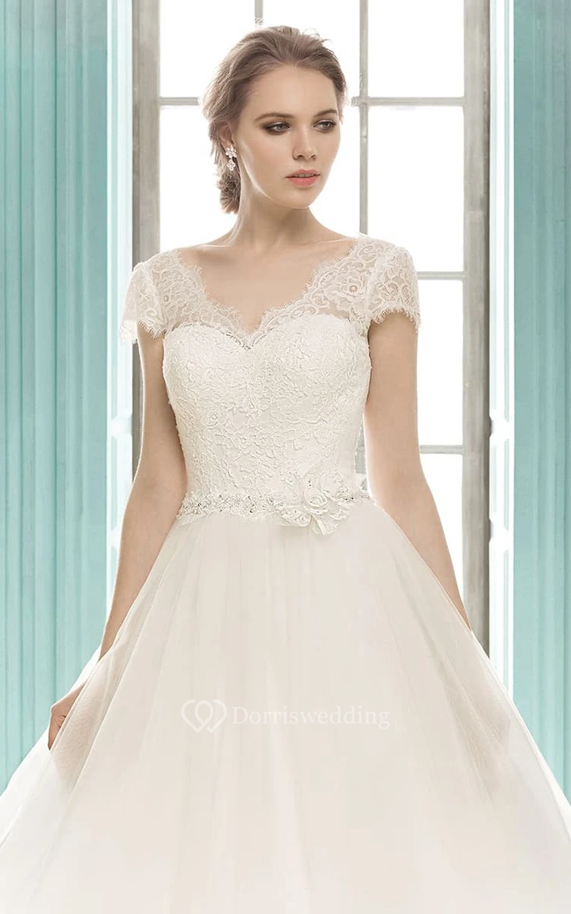 V-neck Cap Sleeve A-line Lace Top Dress With Flower view 2