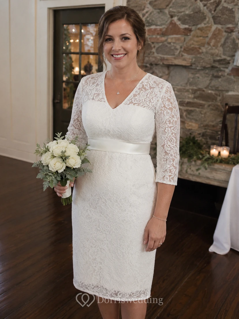 3 4 sleeve knee length wedding dress Short Wedding Dresses Jewel Neck 3/4 Length Sleeves A-Line Tea-Length  Bridal Gowns