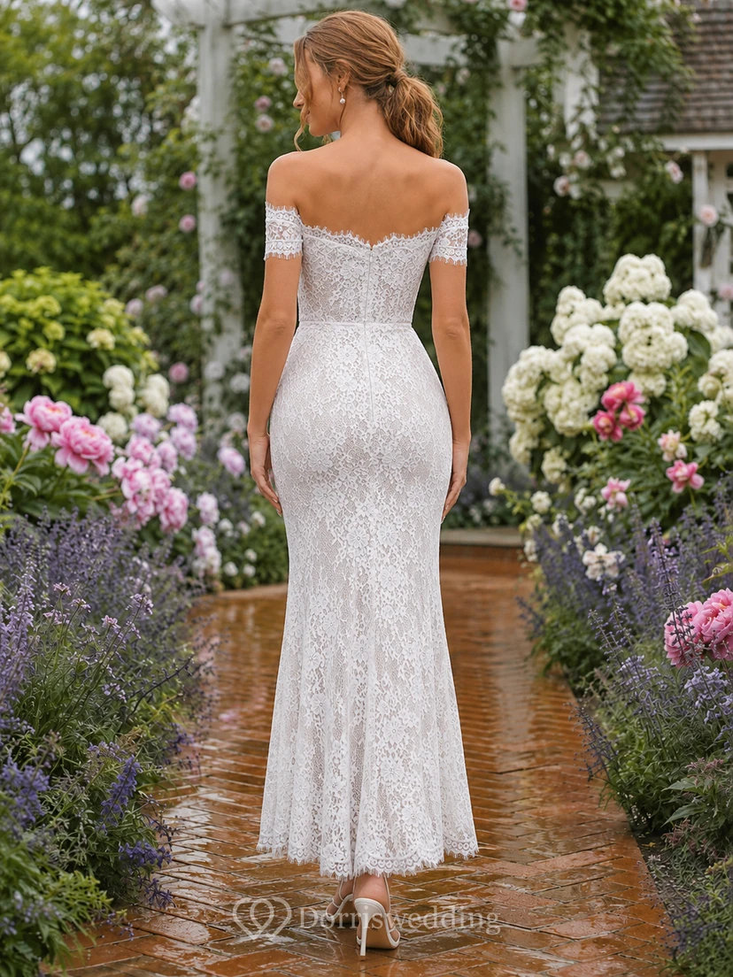 Off shoulder lace mermaid tea length bridal dress view 2