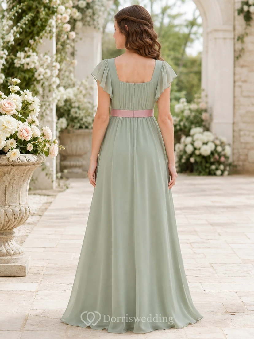 Celadonfarbenes Brautjungfernkleid für junge Mädchen, A-Linie, eckige kurze Ärmel, Schleife, romantisch view 2