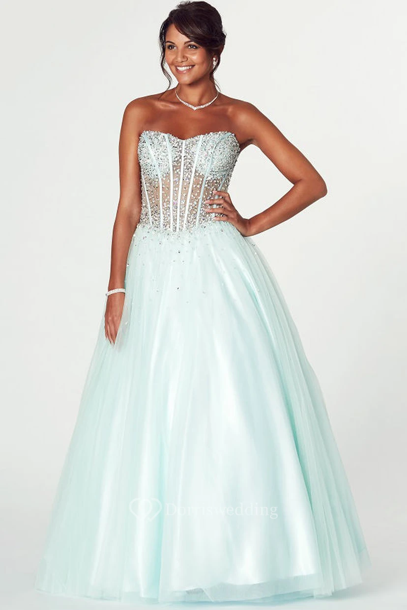 A-Line Strapless Beaded Tulle Prom Dress With Lace-Up Back