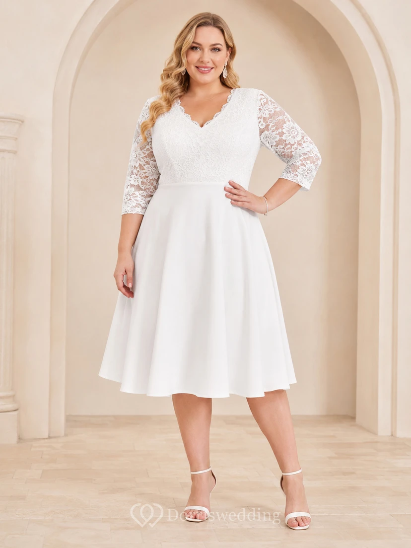 Robe de cocktail blanche grande taille, longueur thé, col en V, manches en dentelle, style Courthouse