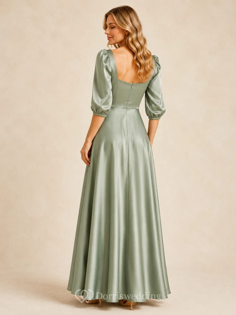 Robe de soirée en satin sauge à col carré et manches bouffantes view 2