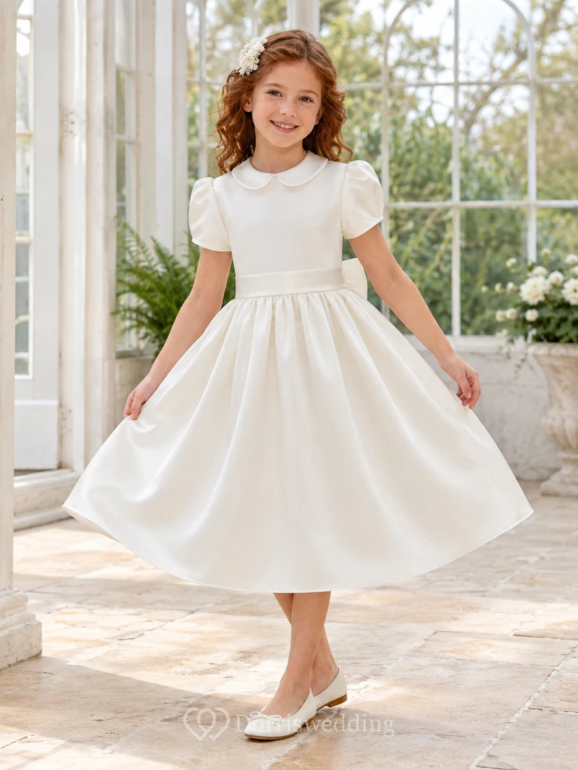 Robe de demoiselle d'honneur en satin à col Claudine et manches bouffantes, avec col bouffant et manches bouffantes.