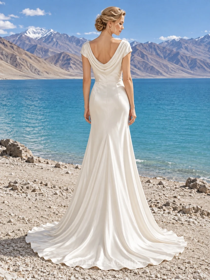Simple Cowl Cap Sleeve Satin Sheath Sweep Train Wedding Dress view 2