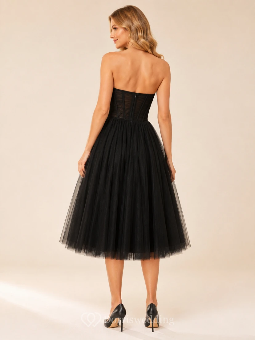Tulle Waltz Black A-Line Tea-Length Strapless Sleeveless Vintage Cocktail Dress view 2