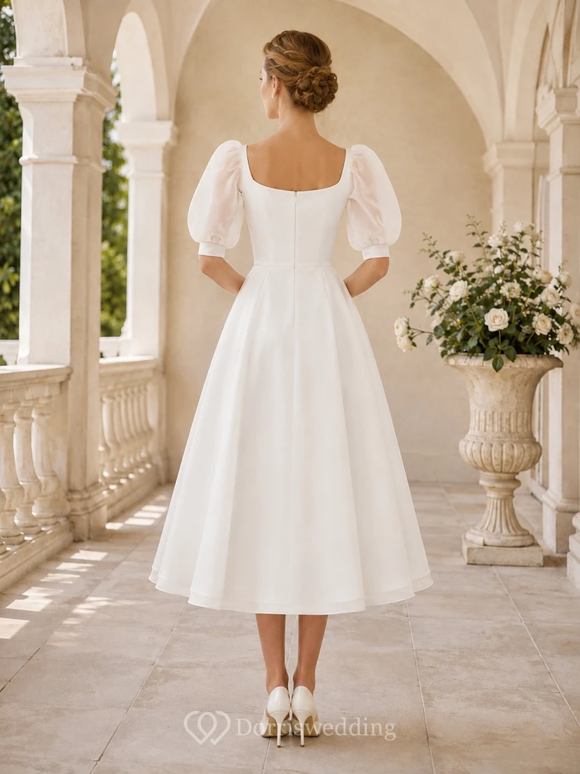White Square Neck Three-Quarter Puff Sleeve Satin A-Line Midi Dress view 2