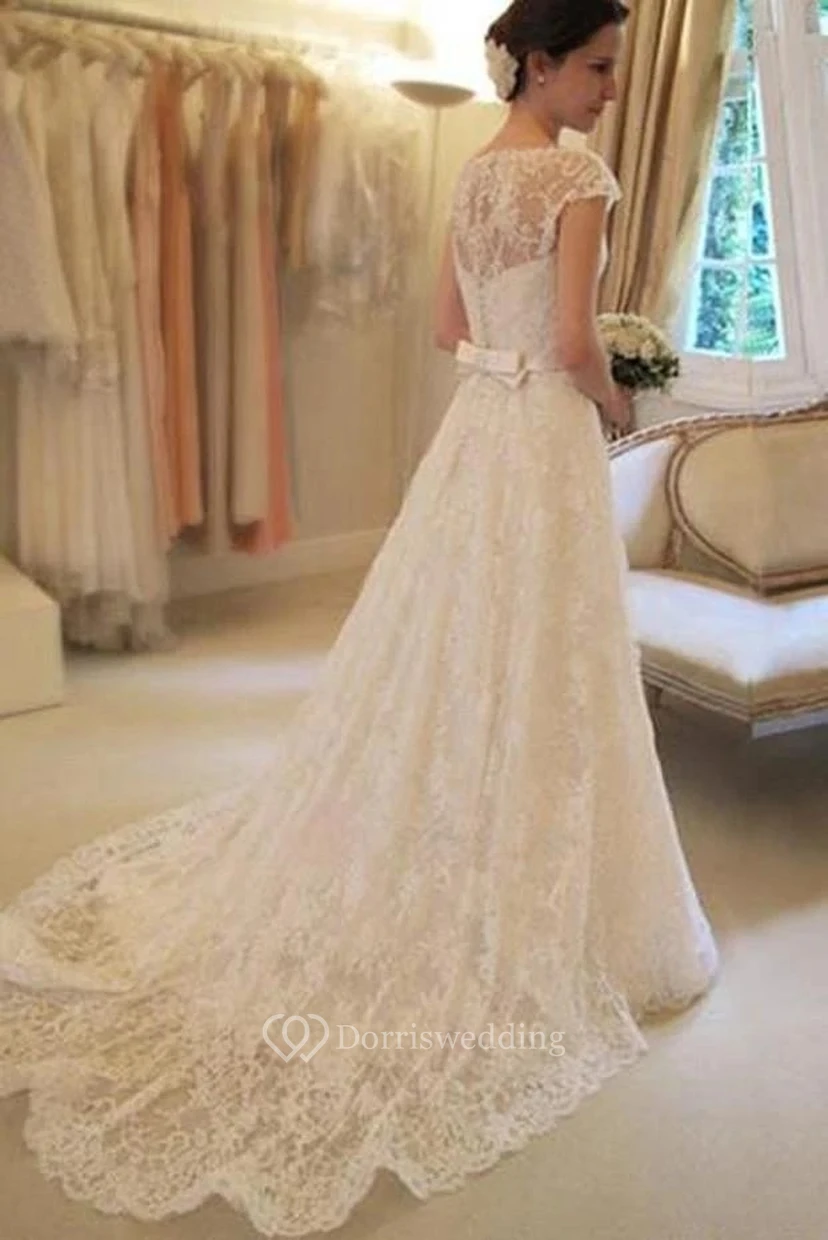 New Arrival Lace A-line Princess Modest Wedding Dresses With Cap Sleeves view 2