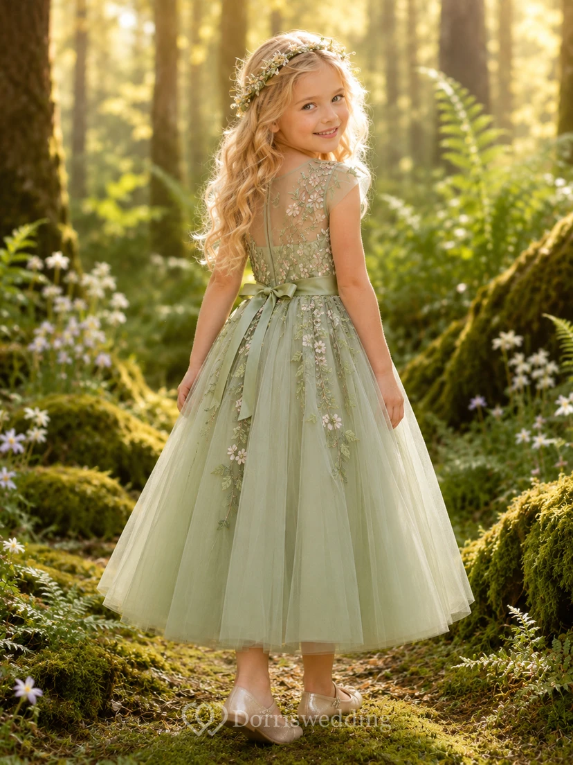 Sage Bohemian A-Line Tulle Flower Girl Dress Cap Sleeve Jewel Neck Tea-Length Embroidered Flowers view 2