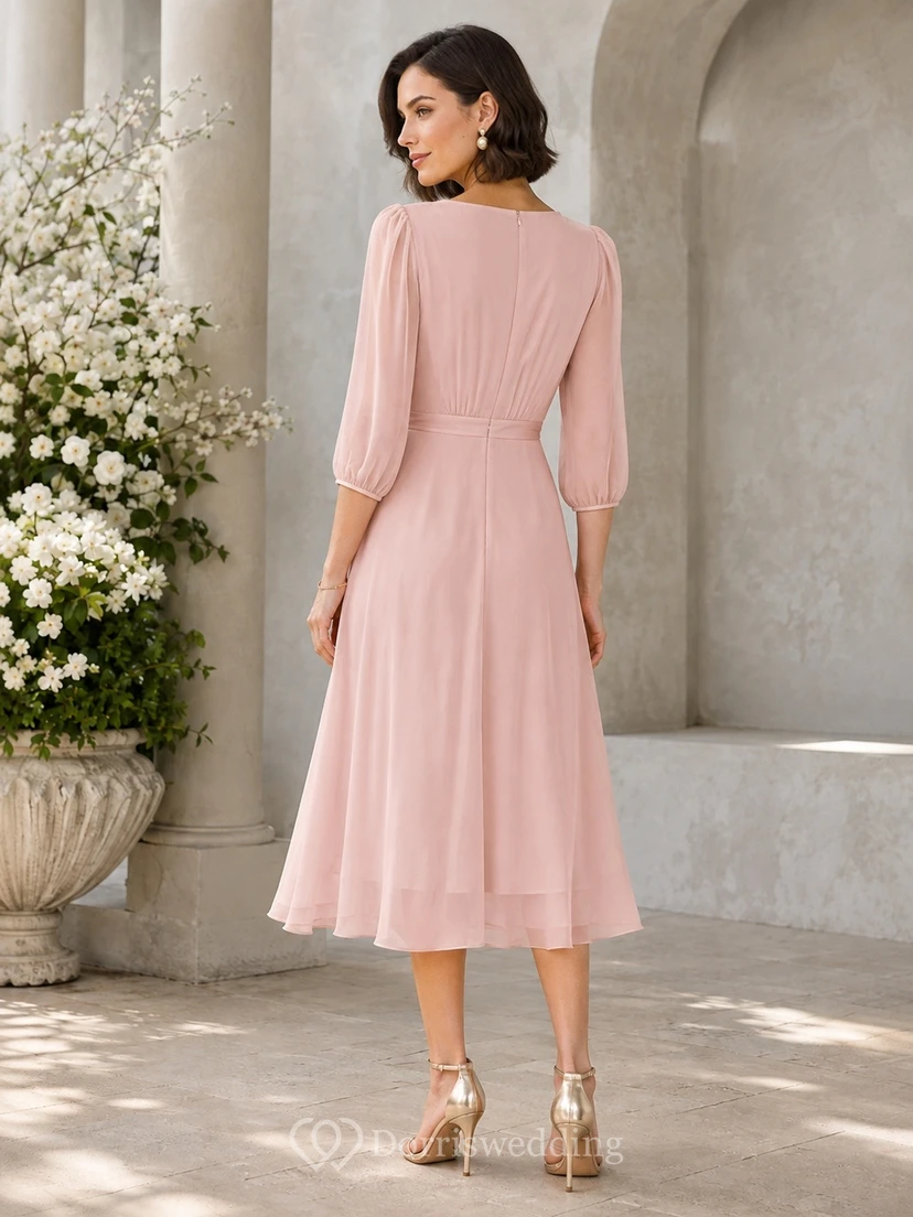 Dusty Rose Romantic V-Neck Chiffon Three-Quarter-Sleeve A-Line Tea-Length Dress view 2