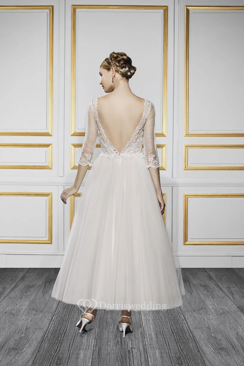 Ankle-Length Bateau Neck 3-4 Sleeve Appliqued Tulle Wedding Dress view 2