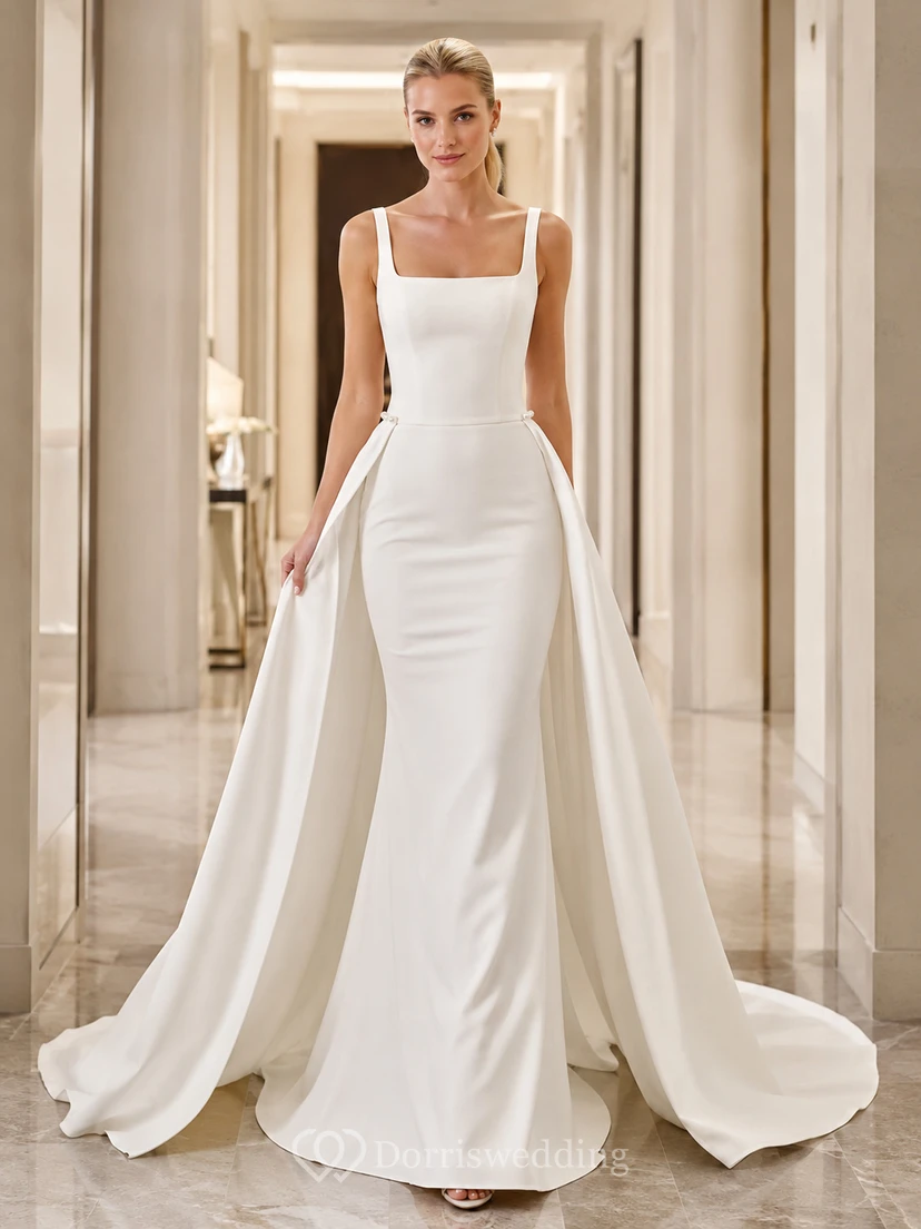 Robe de mariée en satin, coupe trapèze, bretelles carrées, surjupe amovible et traîne chapelle