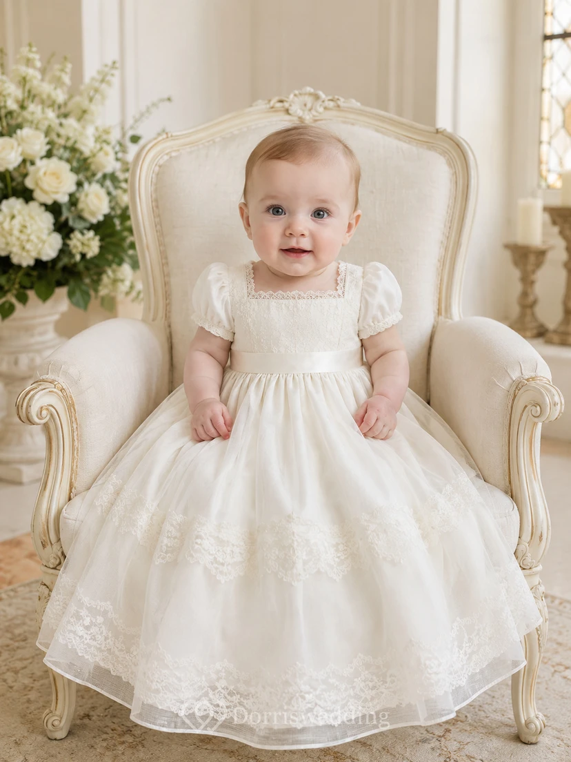 Square Neck Baptism Dress A-Line Tulle Lace Short Sleeve Knee-Length