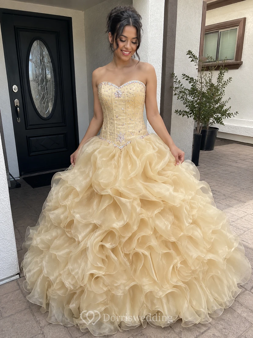Vestido de gala largo hasta el suelo, escote corazón, sin mangas, volantes, lentejuelas y organza view 10