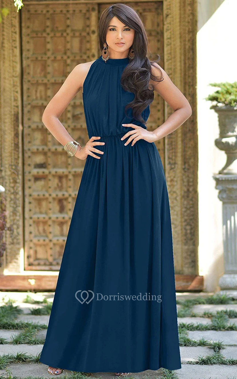 Einfaches Chiffon-Abendkleid in A-Linie mit Neckholder und Raffungen, hohem Kragen und Neckholder view 3