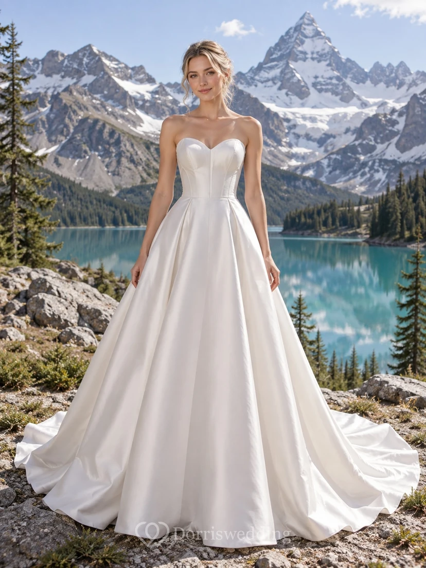 Vestido de novia palabra de honor con escote corazón, corpiño con paneles, satén duquesa, vestido de gala con cola larga.