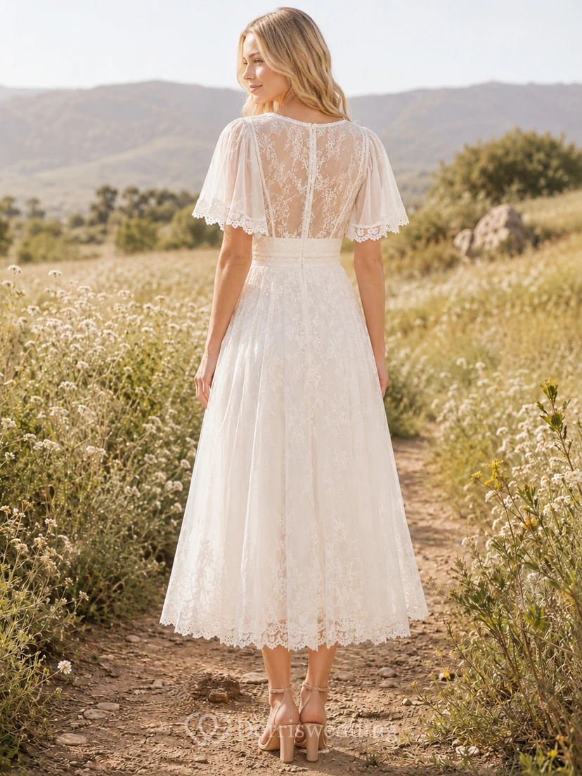 Boho-Brautkleid mit flatternden Ärmeln und Wiesenmuster, wadenlang view 2