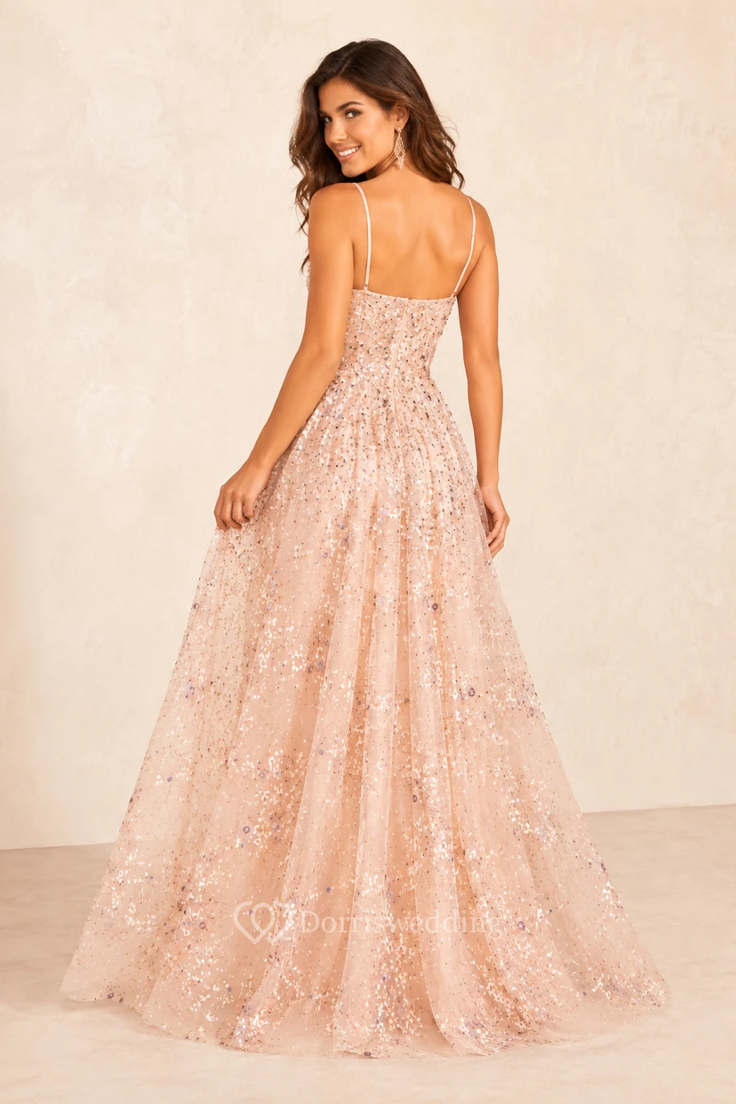 Blushing Pink Glitter Tulle A-Line Formal Dress with Floral Applique view 2