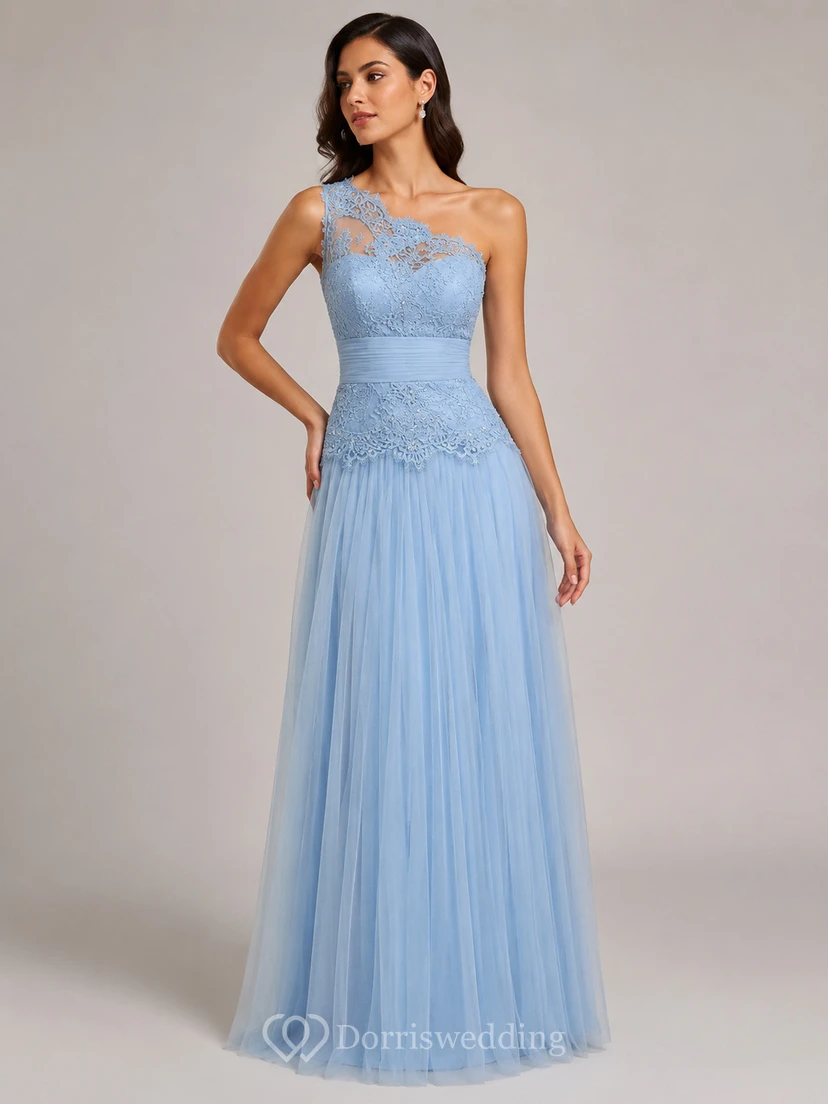 Langes, schulterfreies A-Linien-Abendkleid aus Tüll mit Spitzenbesatz, Bandagen und Pailletten view 11