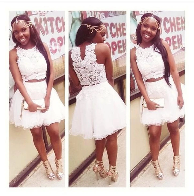 White Lace Appliques Mini Cocktail Dresses Scoop A-Line Homecoming Dresses
