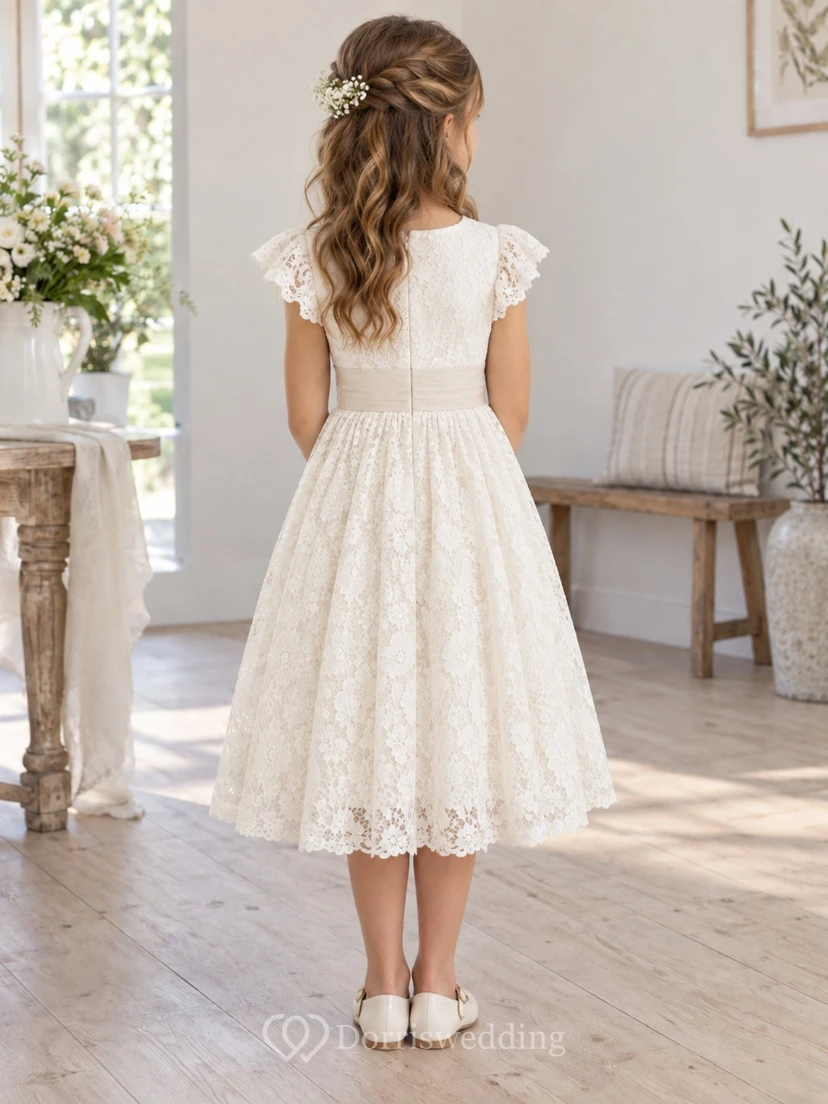 Modest Ivory Tea-length Soft Flutter Sleeve Broad Sash Fine Lace Flower Girl Dress view 2