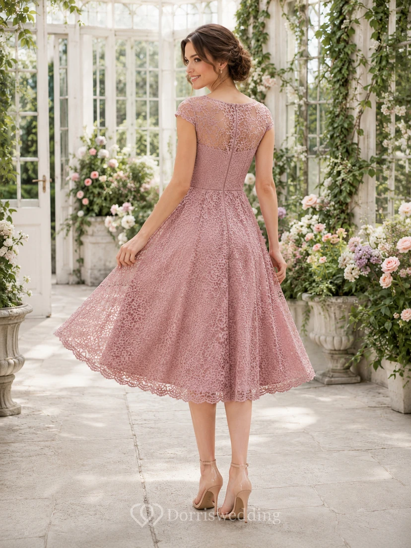 Dusty Rose Bateau Lace Tea Length Cocktail Dress view 2