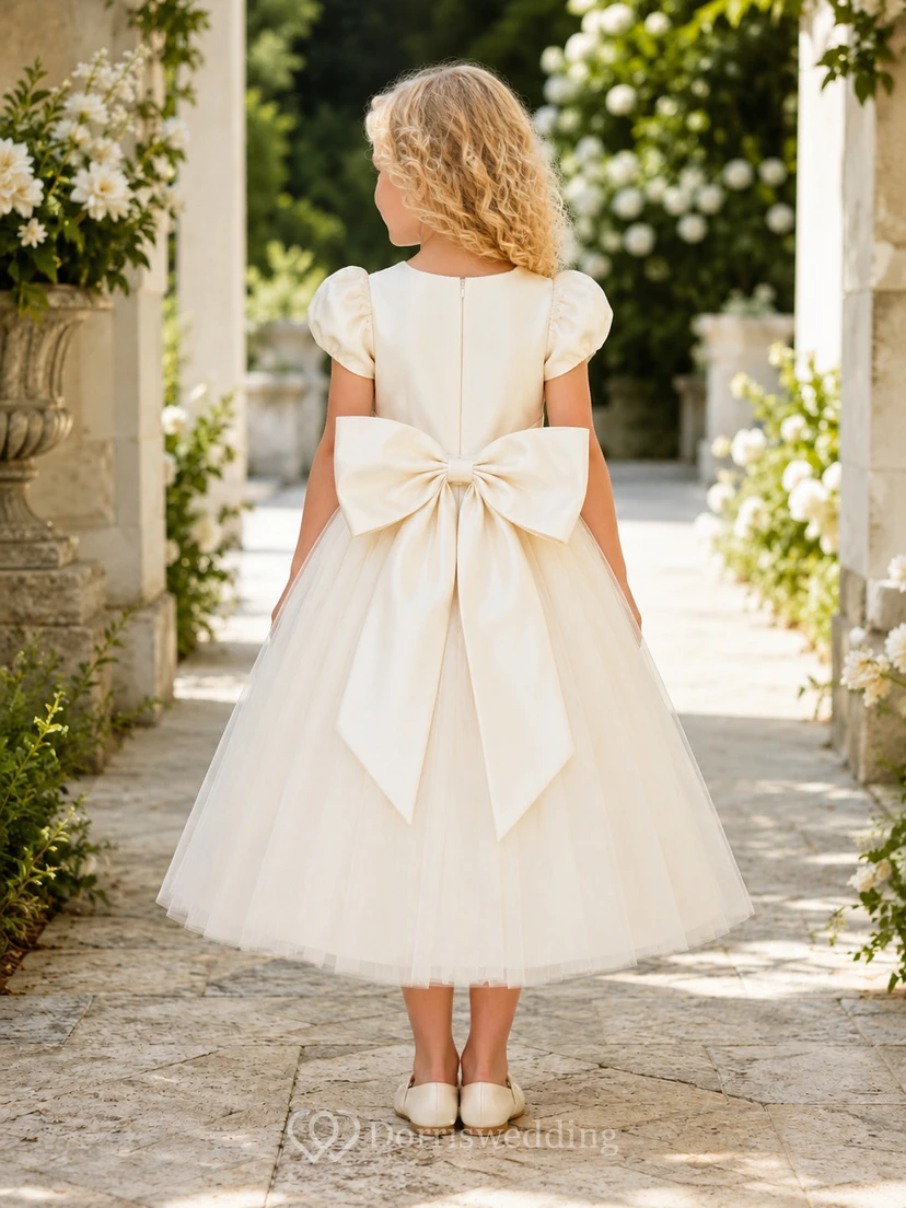 Klassisches A-Linien-Kleid aus Tüll für Blumenmädchen mit Rundhalsausschnitt, wadenlangem Rock und Schleifendetail view 2