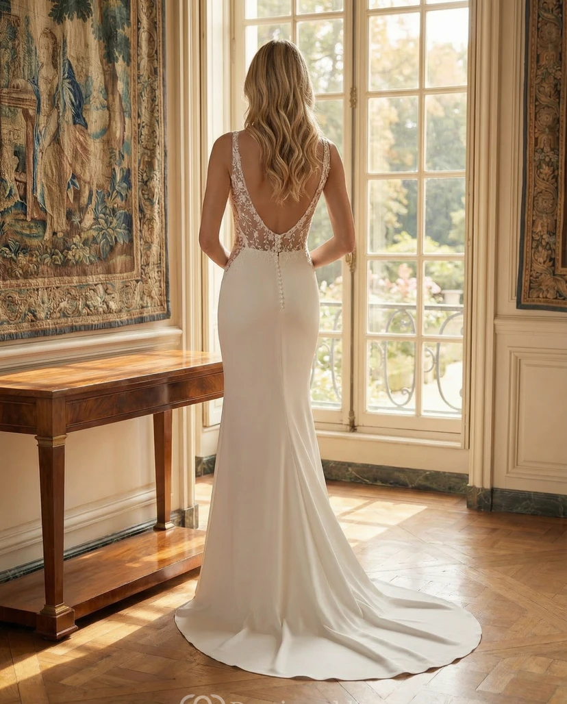 Vestido de novia minimalista de crepé con escote barco, corte sirena, paneles laterales de encaje y cola. view 2