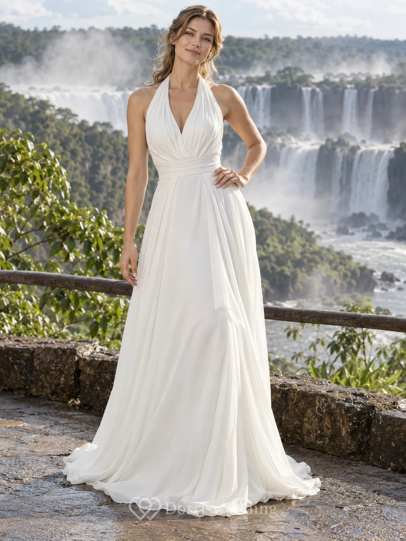 Halter V Neck Crepe Wedding Dress with Draped Bodice and Flowing A-Line Skirt