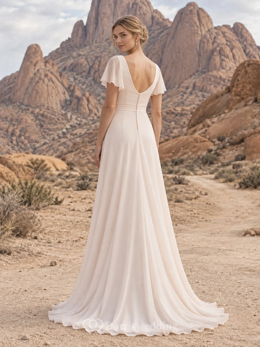 Vestido de novia sencillo de gasa rosa rubor con cuello joya y mangas cortas, corte recto. view 2