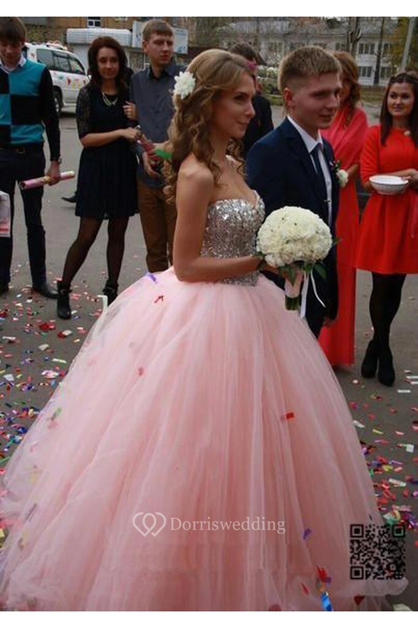 Glamorous Sweetheart Sleeveless Tulle Wedding Dress Ball Gown With Beadings view 2