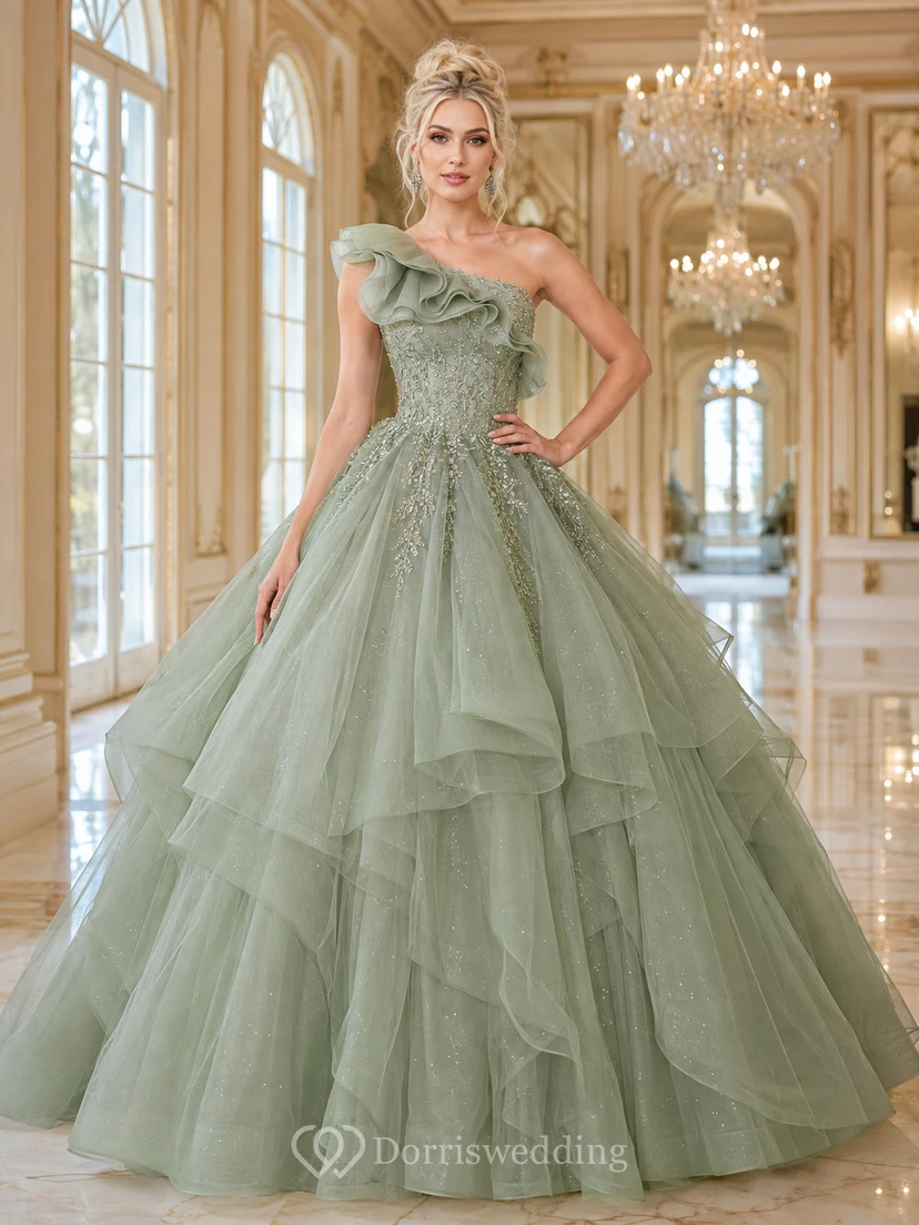 Vestido de gala largo hasta el suelo, de lujo, color celadón, con un solo hombro, lentejuelas, tul y volantes en cascada, ideal para quinceañeras o graduaciones.